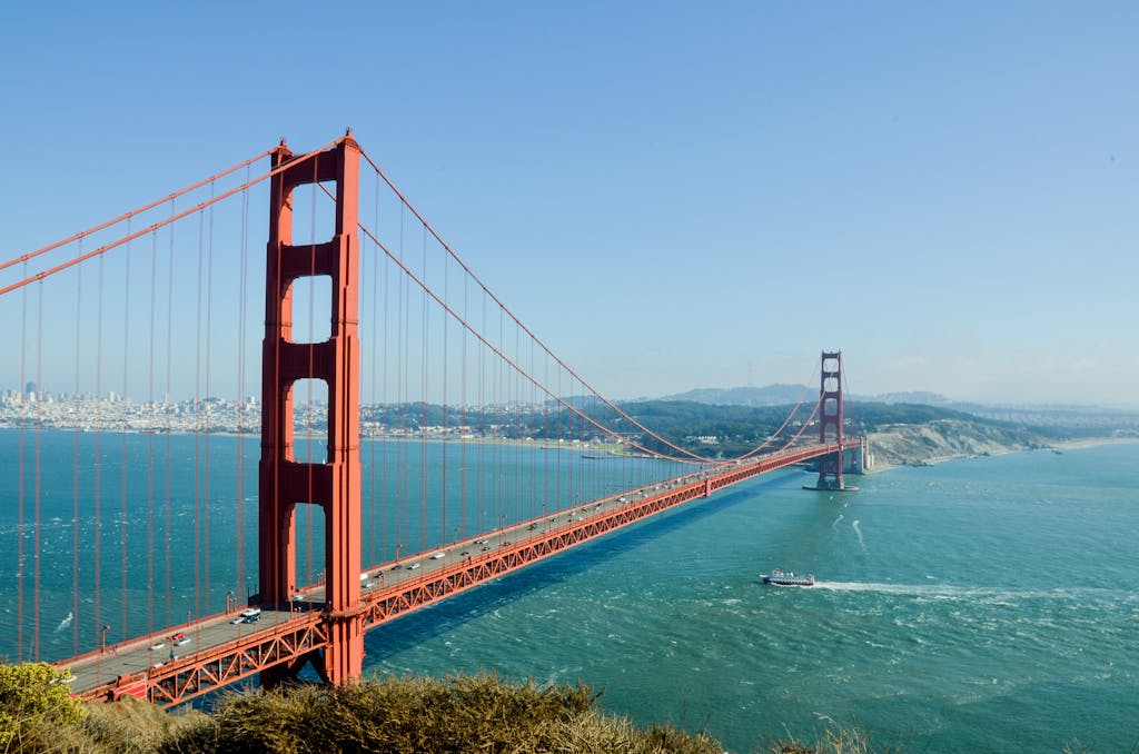 Iconic Golden Gate Bridge spanning the San Francisco Bay on a clear day.